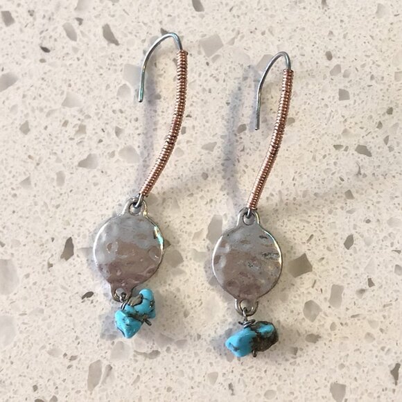 Handmade Mixed Metal & Turquoise Dangle Earrings – Boho Artisan - Picture 1 of 2